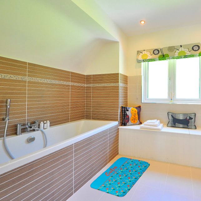 Wildflowers pattern poppy turquoise bath mat (Creator Uploaded)