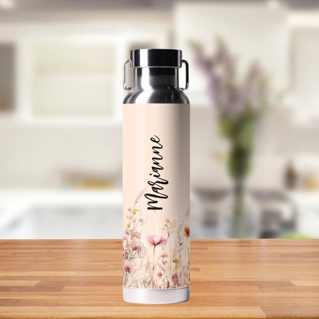 Wildflowers peach beige custom name script water bottle (Creator Uploaded)