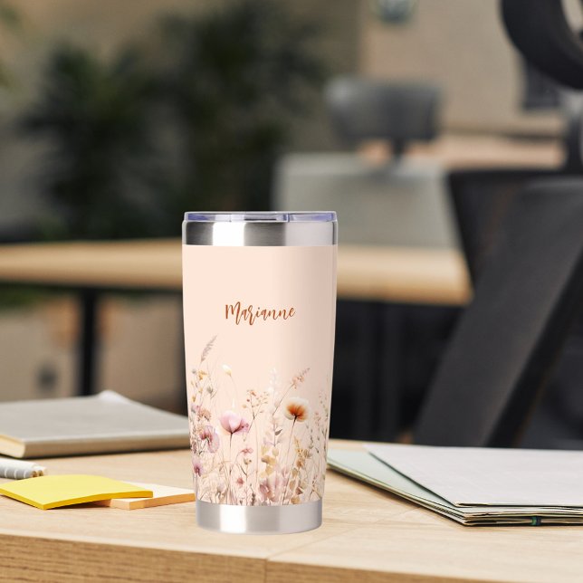 Wildflowers peach beige name script insulated tumbler (Creator Uploaded)
