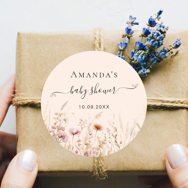 Wildflowers peach beige pink baby shower classic round sticker (Creator Uploaded)