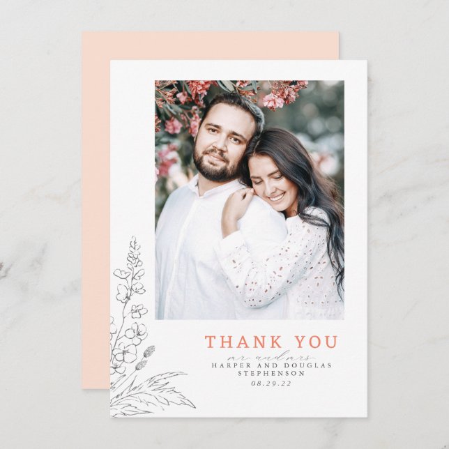 Wildflowers Peach Elegant Wedding Thank You Photo (Front/Back)