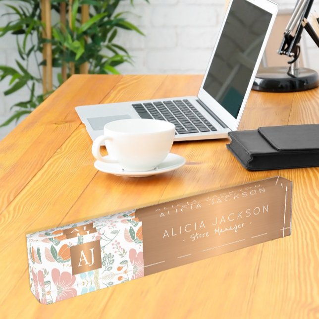 Wildflowers peach pattern copper gold monogrammed nameplate (Creator Uploaded)