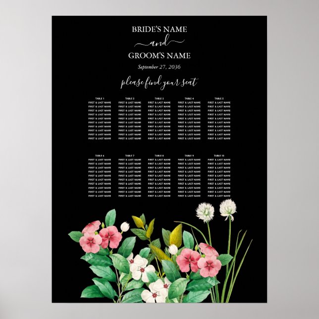 Wildflowers Periwinkle Black Wedding Seating Chart (Front)