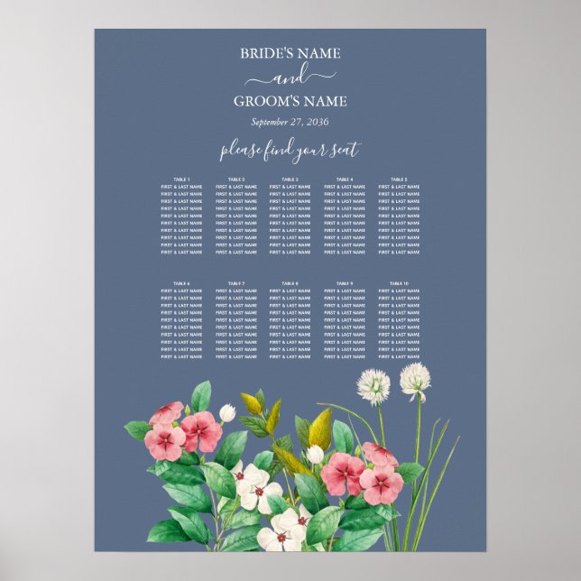 Wildflowers Periwinkle Blue Wedding Seating Chart (Front)