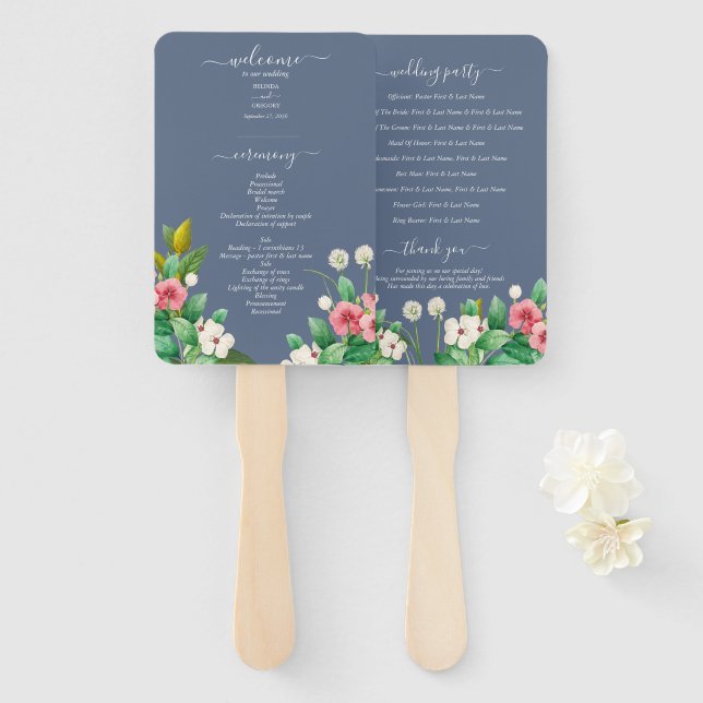 Wildflowers Periwinkle Dusty Blue Wedding Program  Hand Fan (Front and Back)