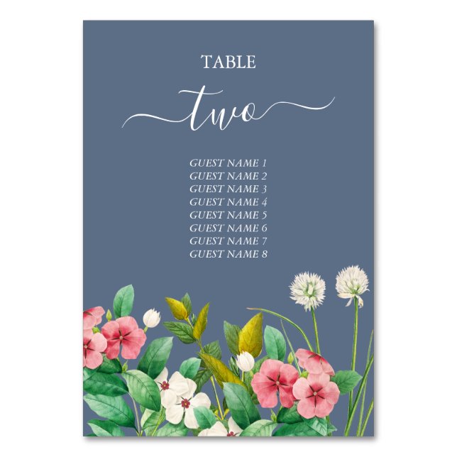 Wildflowers Periwinkle Dusty Blue Wedding Table Number (Front)