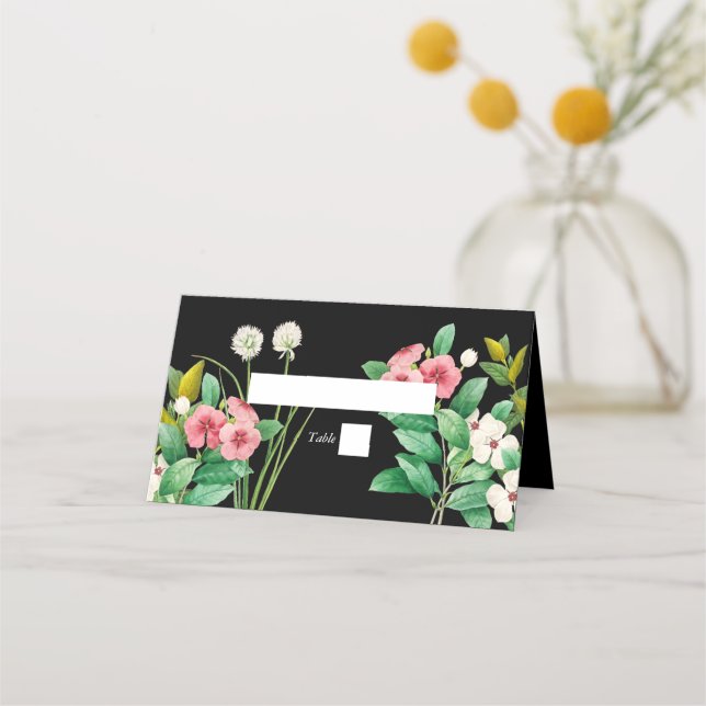 Wildflowers Periwinkle Watercolor Black Wedding Place Card (Front)