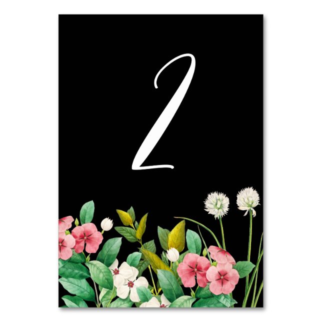 Wildflowers Periwinkle Watercolor Black Wedding  Table Number (Front)
