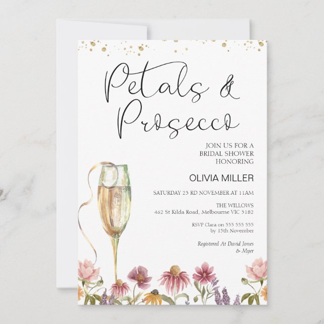 Wildflowers Petals and Prosecco Bridal Shower Invitation (Front)