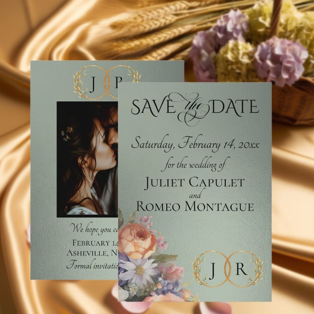 Wildflowers, Photo & Leaf Monogram - Sage Save The Date (Creator Uploaded)
