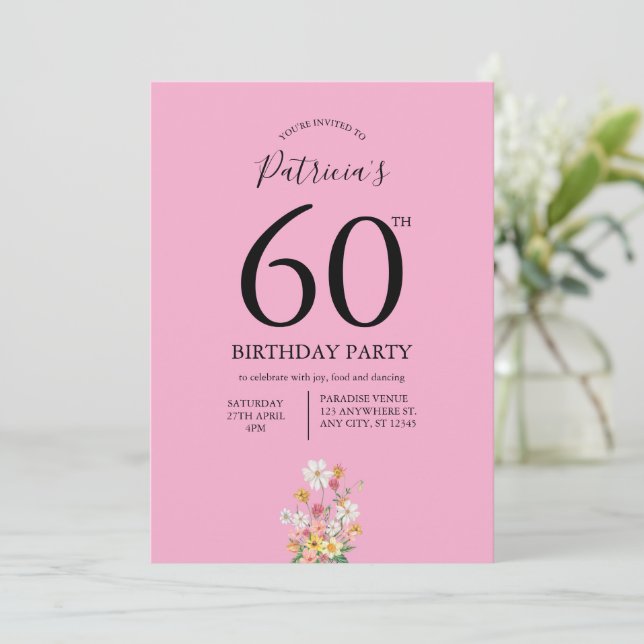 Wildflowers Pink 60th Birthday Invitation (Standing Front)