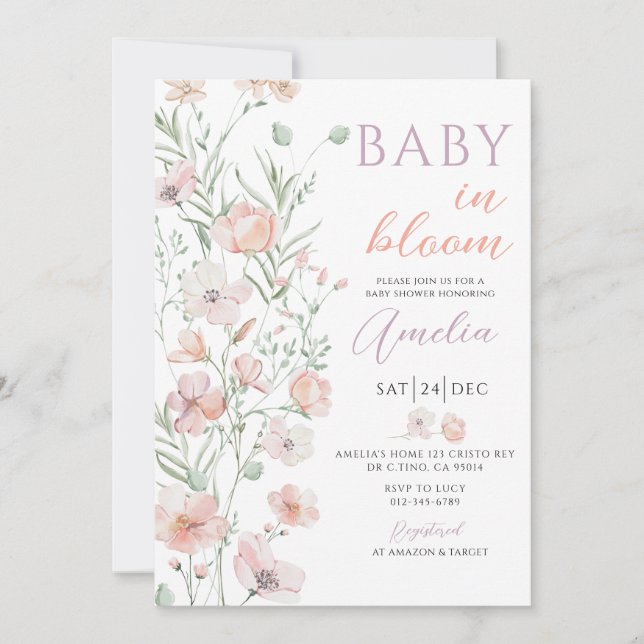 Wildflowers Pink Baby in Bloom Baby Shower Invitation (Front)
