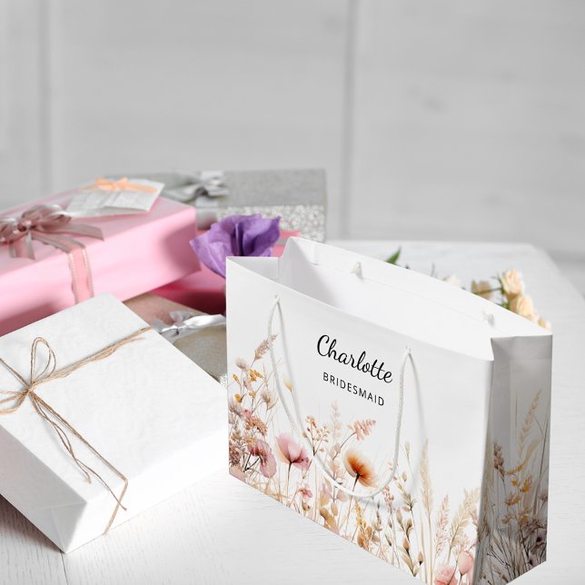 Wildflowers pink beige bridesmaid name large gift bag (Creator Uploaded)