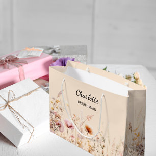 Wildflowers pink beige bridesmaid name large gift bag