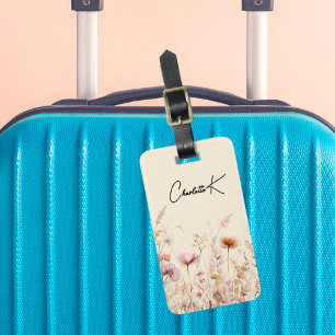 Wildflowers pink beige cream name script luggage tag