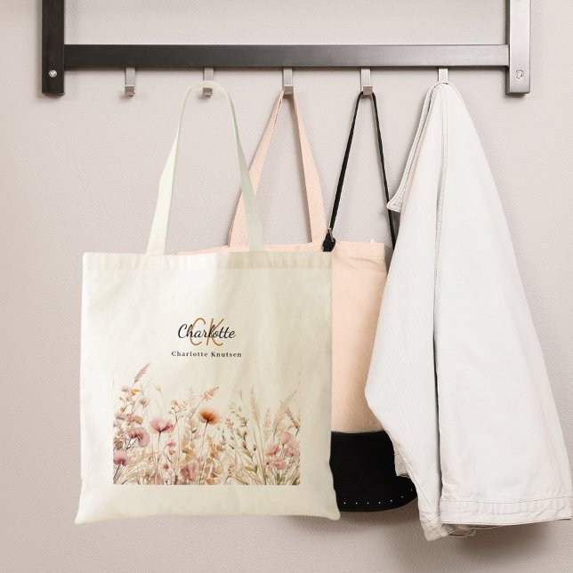 Wildflowers pink beige monogram name tote bag (Creator Uploaded)