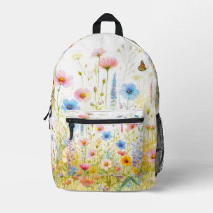 Wildflowers Pink Blue Floral on White Printed Backpack