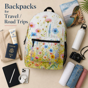 Wildflowers Pink Blue Floral on White Printed Backpack