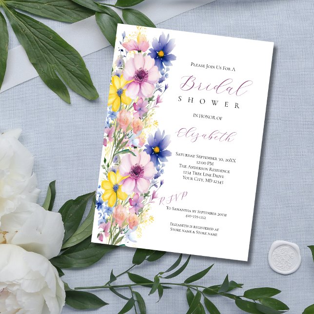 Wildflowers Pink Blue Yellow Bridal Shower  Invitation (Wildflower Watercolor Bridal Shower Invitation. Pink Yellow Blue Flowers, Printed or Digital )