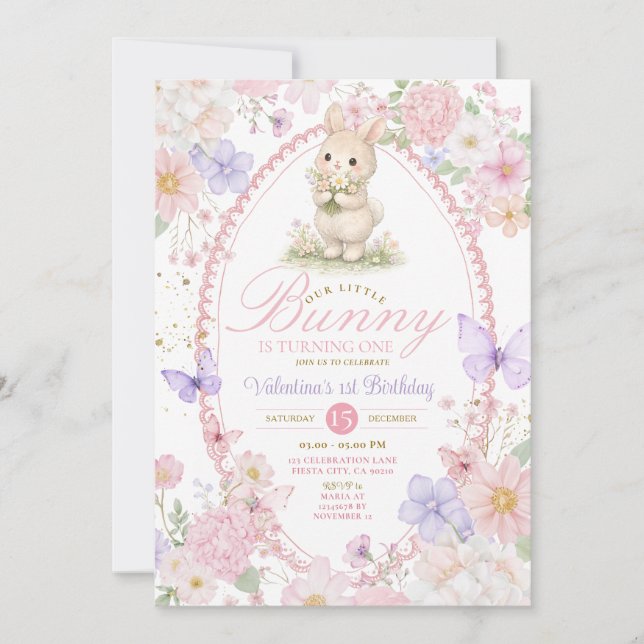Wildflowers Pink Bunny First Birthday Invitation  (Front)