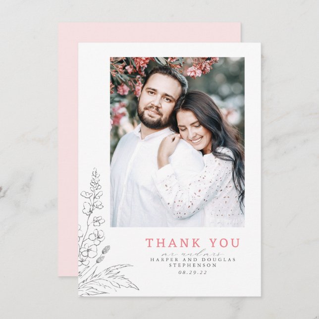 Wildflowers Pink Elegant Wedding Thank You Photo (Front/Back)
