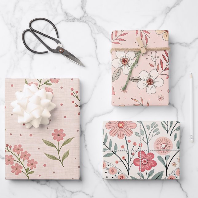 Wildflowers Pink Pastel Botanical Garden Floral  Wrapping Paper Sheet (Front)
