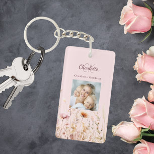 Wildflowers pink photo monogram key ring