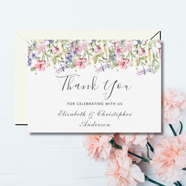 Wildflowers Pink Purple Floral Dragonfly Wedding Thank You Card (Creator Uploaded)