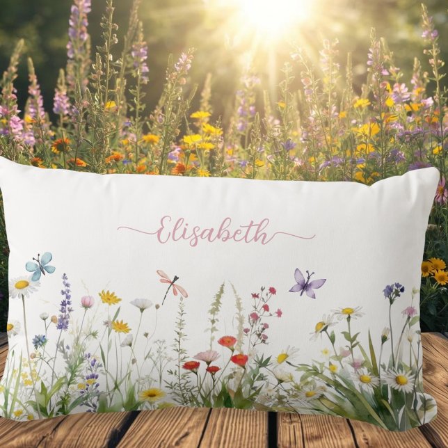 Wildflowers Pink Script Name Lumbar Cushion (Wildflowers Pink Script Name Lumbar Pillow)