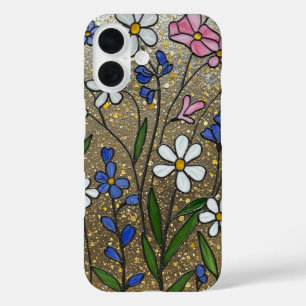 Wildflowers Pink White Gold stained glass Illusion iPhone 16 Case