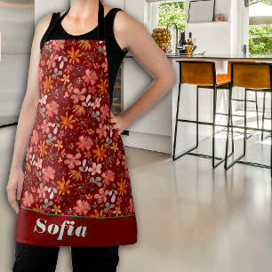 Wildflowers pink yellow pattern custom name red apron