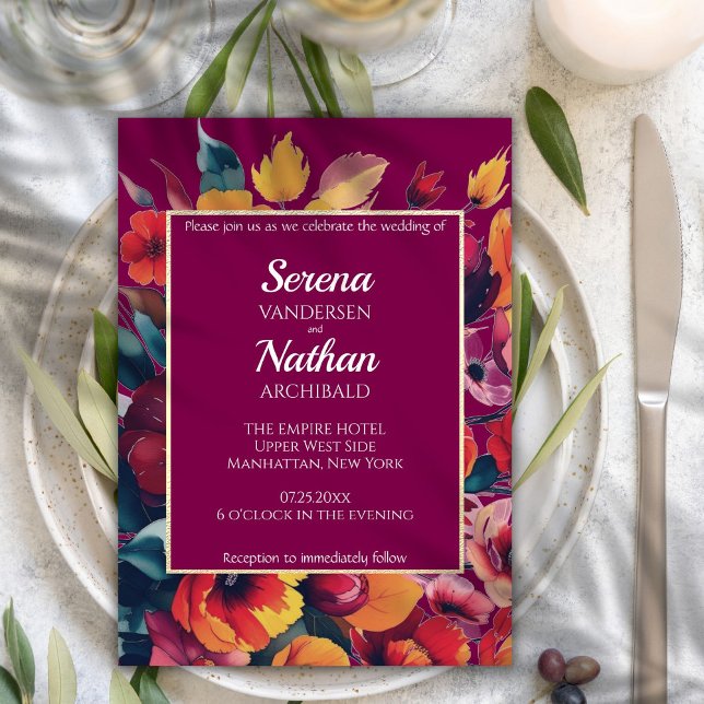 Wildflowers Plum Classic Wedding Invitation (Sparkling gold frame adds a modern touch to these luxe floral wedding invitations in burgundy wine )