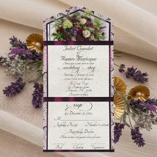 Wildflowers, Plum Ribbon & Lace Wedding All In One Invitation