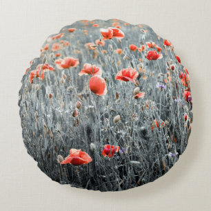 Wildflowers poppies round cushion
