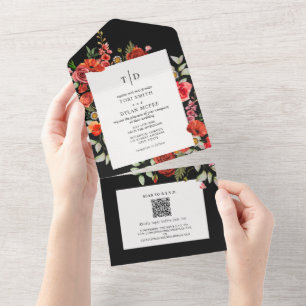 Wildflowers Poppy Red Floral Dark Wedding RSVP All In One Invitation