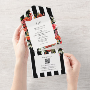 Wildflowers Poppy Red Floral Stripe Wedding RSVP All In One Invitation