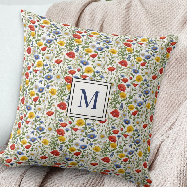 Wildflowers Pretty Floral Pattern Monogram Cushion (A monogrammed throw pillow with pretty wildflowers pattern in bright summer colors)