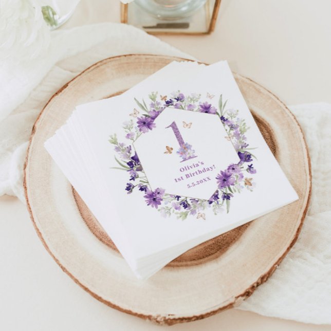 Wildflowers purple Butterfly 1st birthday party Napkin (Creator Uploaded)
