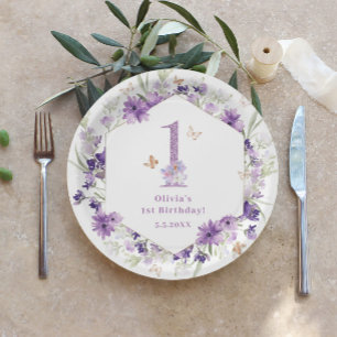 Wildflowers purple Butterfly 1st birthday party Paper Plate