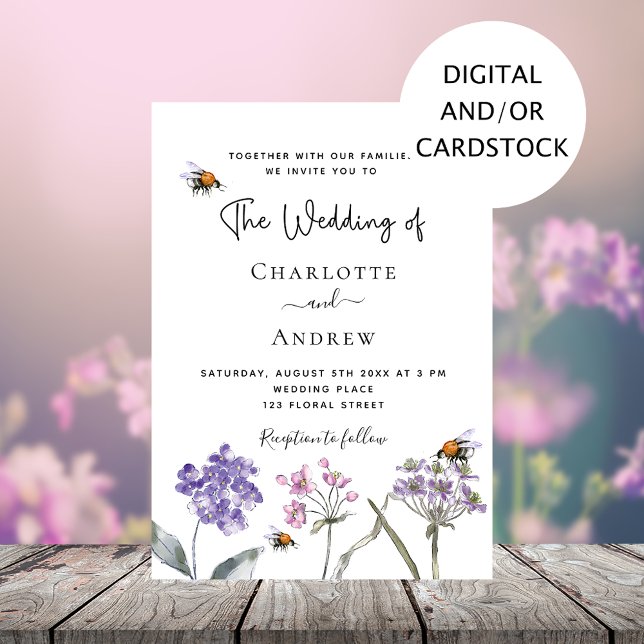 Wildflowers purple pink bee wedding invitation (Creator Uploaded)