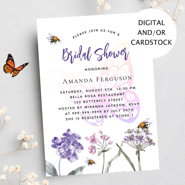 Wildflowers purple pink butterfly bridal shower invitation (Creator Uploaded)
