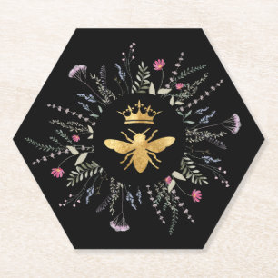 wildflowers Queen bee design on black Paper Coaster