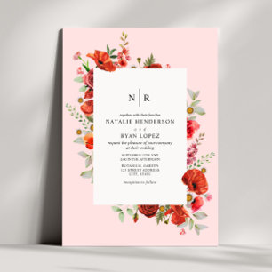 Wildflowers Red Poppy Floral Pink Wedding Invitation