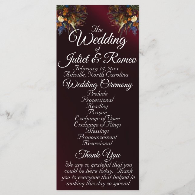 Wildflowers & Ribbon - Burgundy Wedding Program (Front)