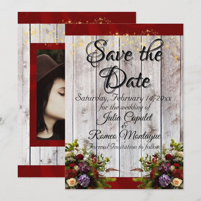 Wildflowers, Ribbon & Lights - Red Save The Date (Front/Back)
