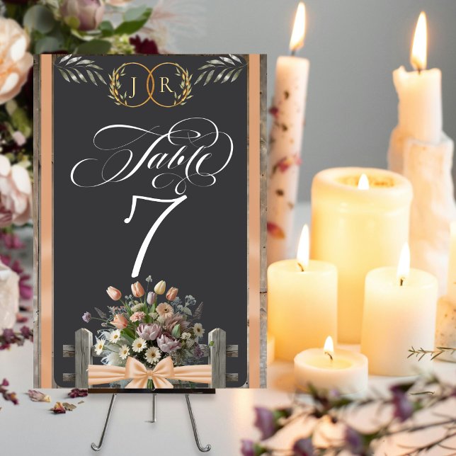 Wildflowers, Ribbon & Monogram - Peach Table Number (Creator Uploaded)