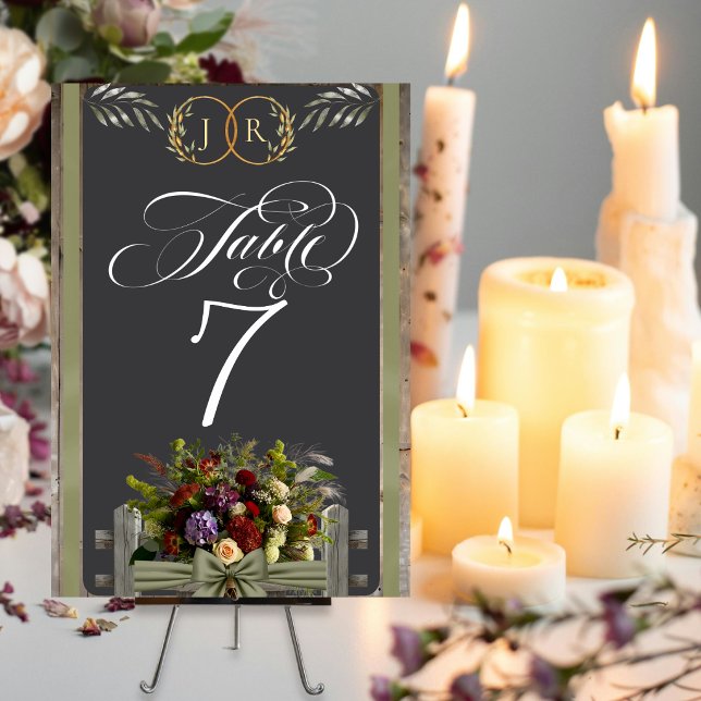 Wildflowers, Ribbon & Monogram - Sage Table Number (Creator Uploaded)