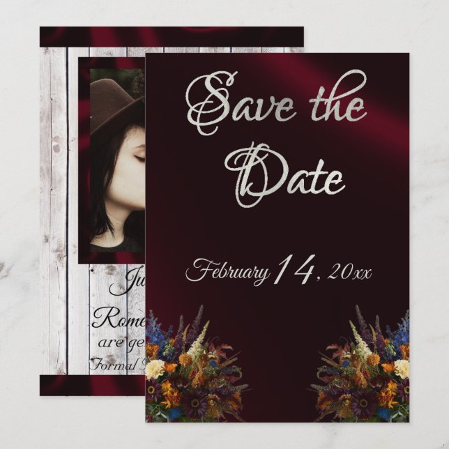 Wildflowers, Ribbon & Photo - Burgundy Save The Date (Front/Back)
