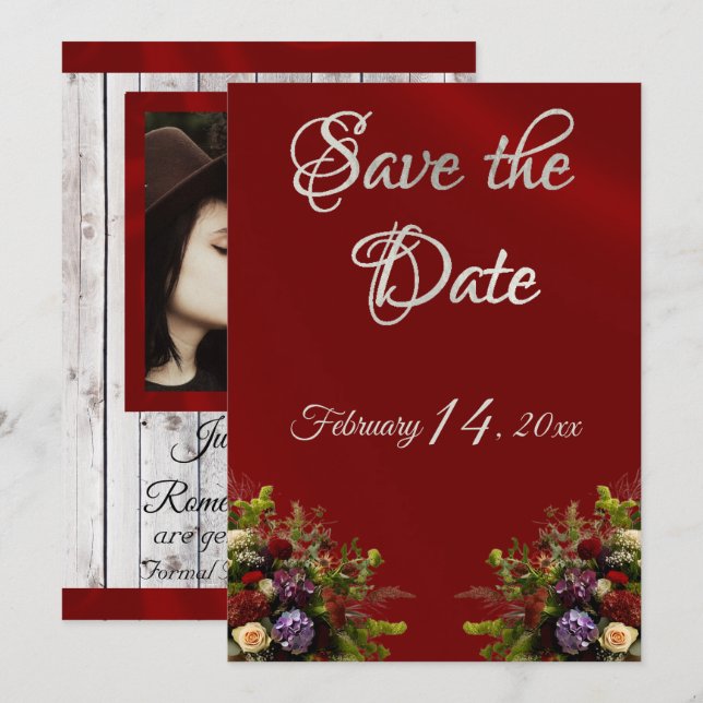 Wildflowers, Ribbon & Photo - Red Save The Date (Front/Back)