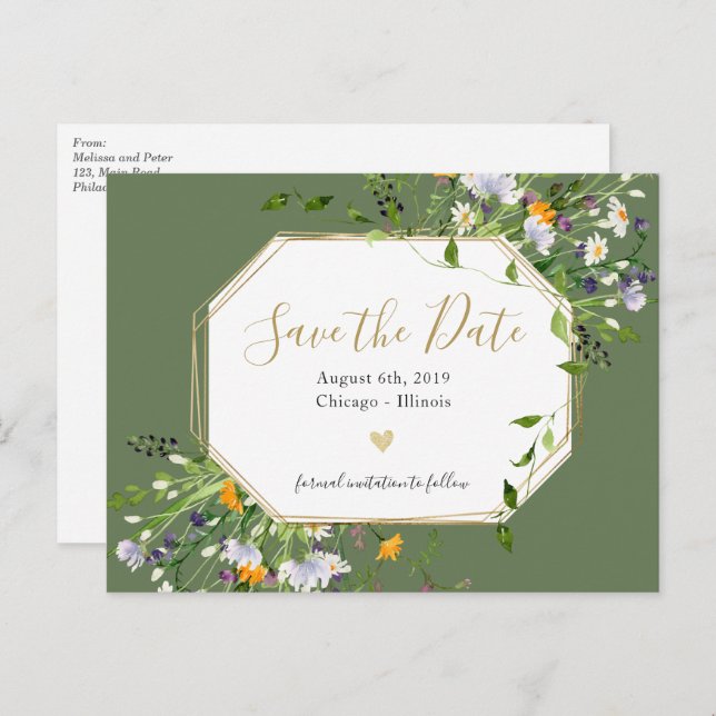 Wildflowers Romantic save the date postcard (Front/Back)